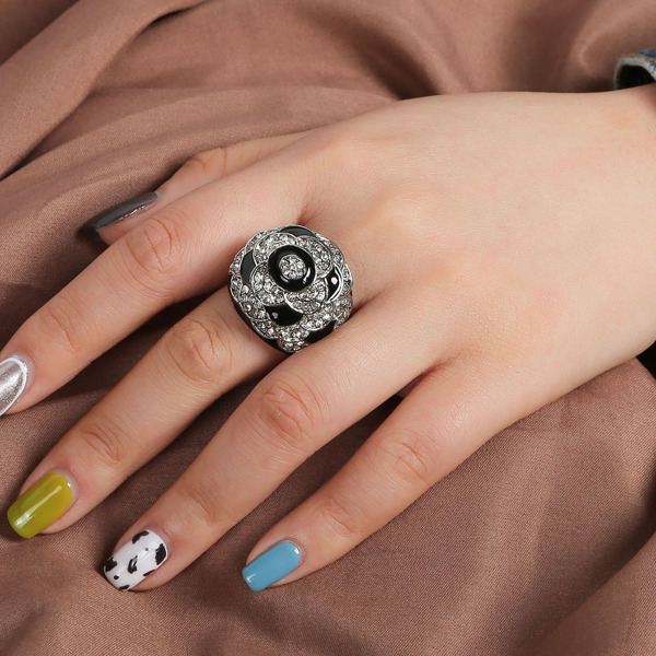 

Rhinestone Flower Decor Ring, Black and white