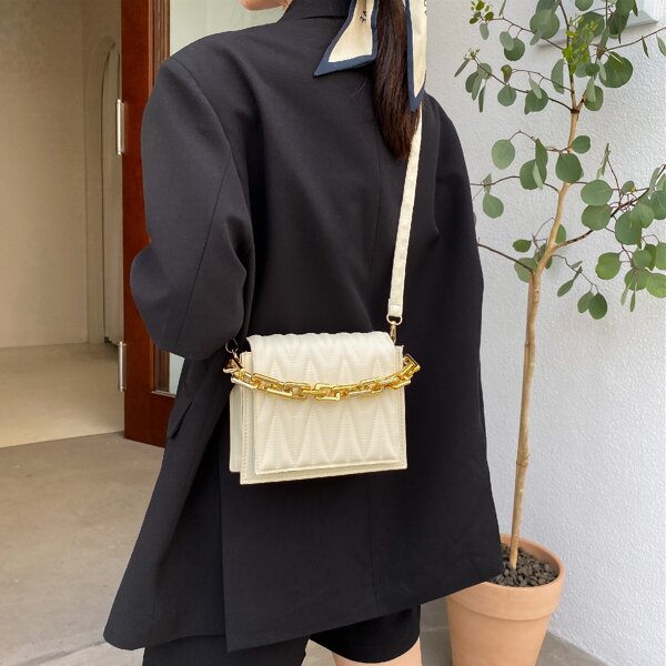 

Minimalist Embossed Chain Satchel Bag, Beige