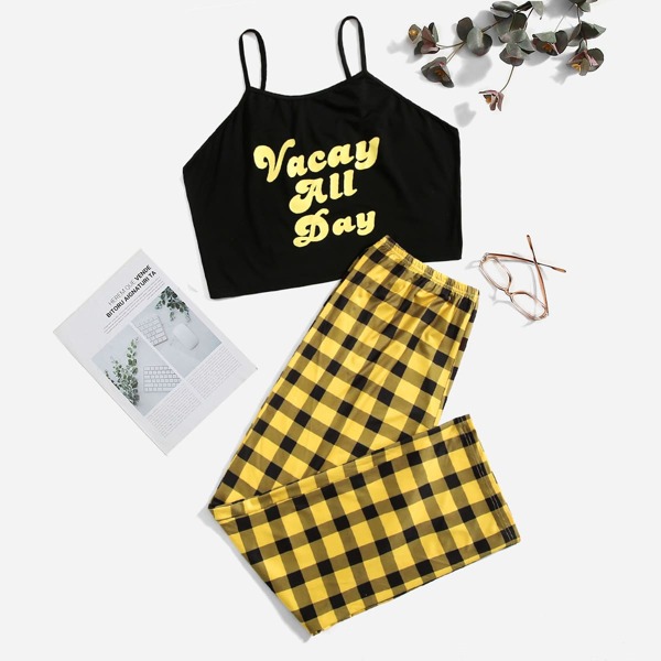

Plus Slogan & Gingham Pajama Set, Multicolor