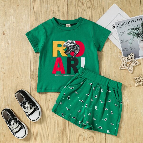 

Toddler Boys Letter & Dinosaur Print Tee & Shorts, Green