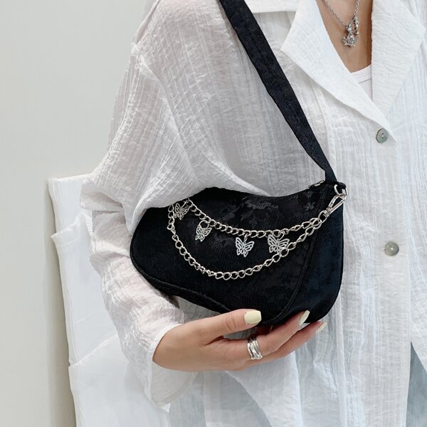 

Chain Decor Lace Panel Baguette Bag, Black