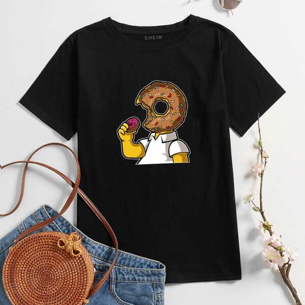 

Футболка пончик с мультипликационным узором, Чёрный