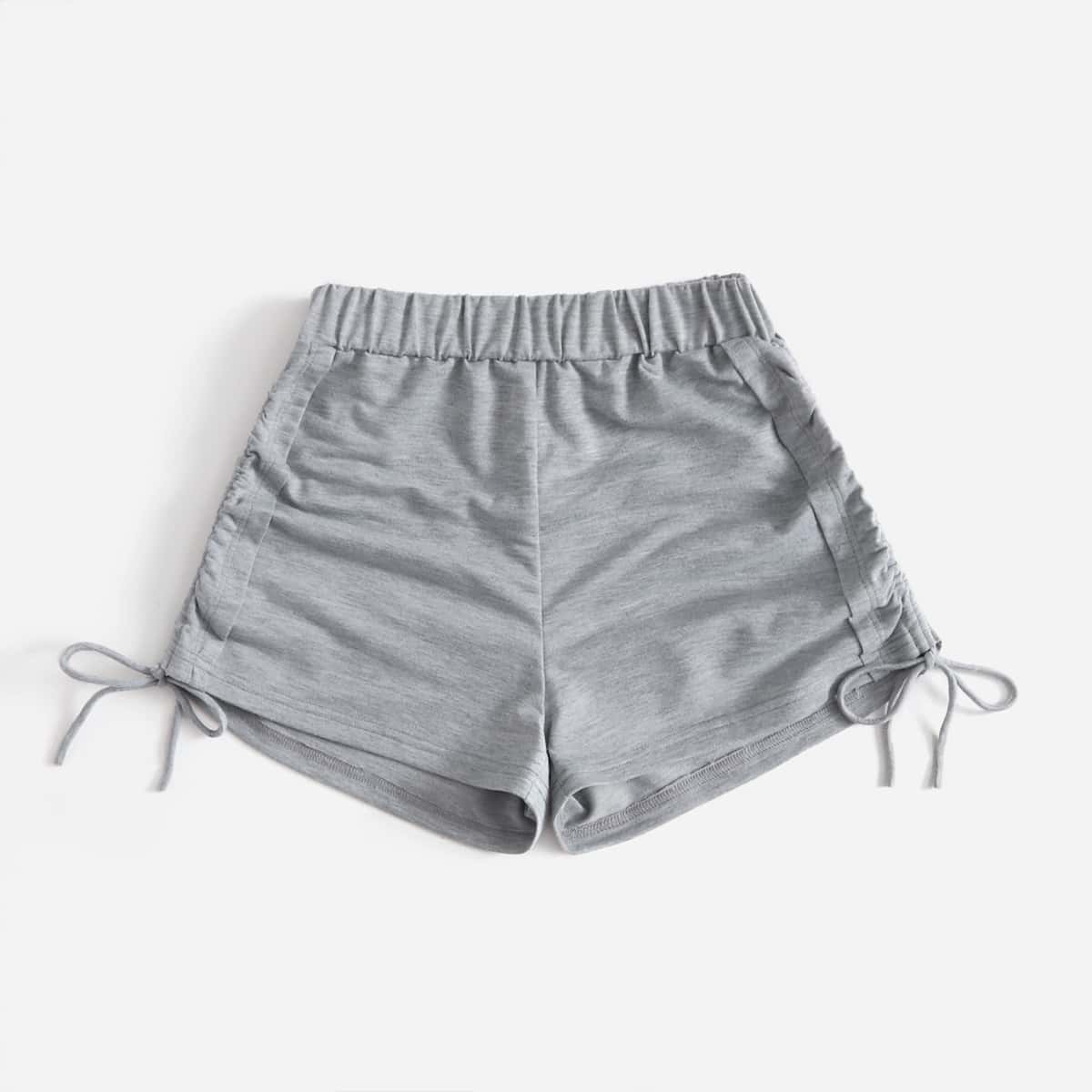 

Solid Drawstring Ruched Shorts, Grey