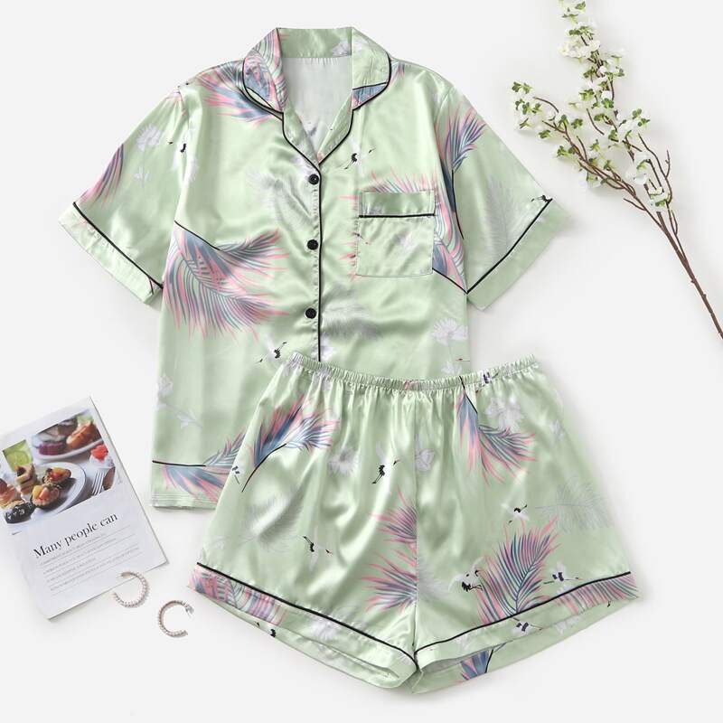 

Plus Satin Tropical Print Pajama Set, Lime green