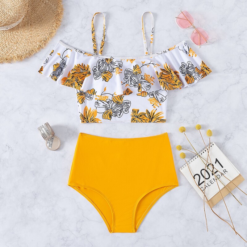 

Floral Off The Shoulder High Waisted Bikini Swimsuit, Multicolor