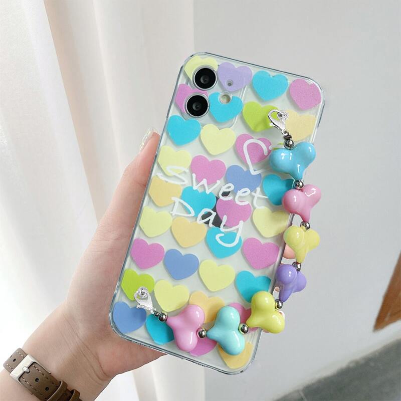 

3D Heart Decor Hand Strap Phone Case, Multicolor