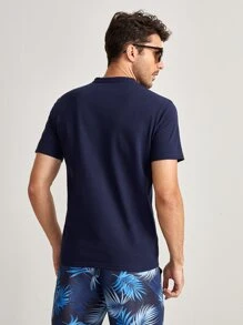 Manfinity VCAY 男士實色立領短袖POLO衫，釦領深藍色工作休閒POLO衫 - 藏蓝色 - 查看 2