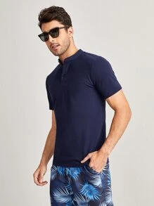 Manfinity VCAY 男士實色立領短袖POLO衫，釦領深藍色工作休閒POLO衫 - 藏蓝色 - 查看 5