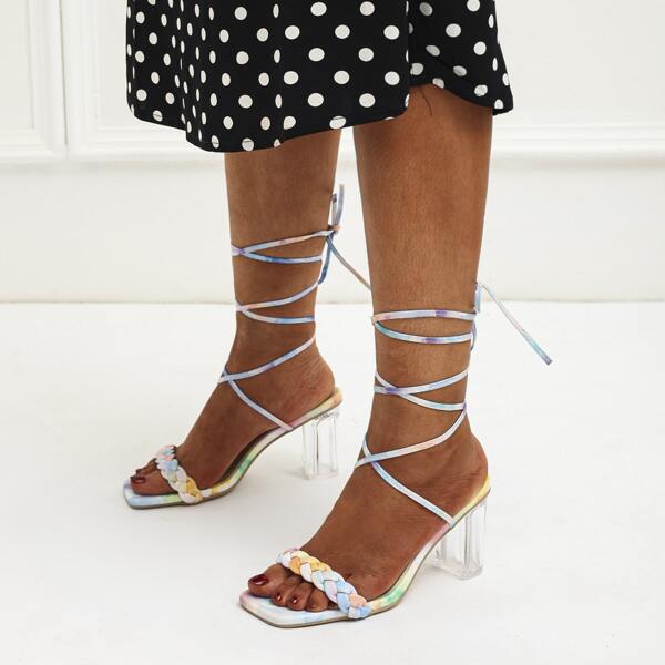 

Tie Dye Braided Chunky Heeled Gladiator Sandals, Multicolor