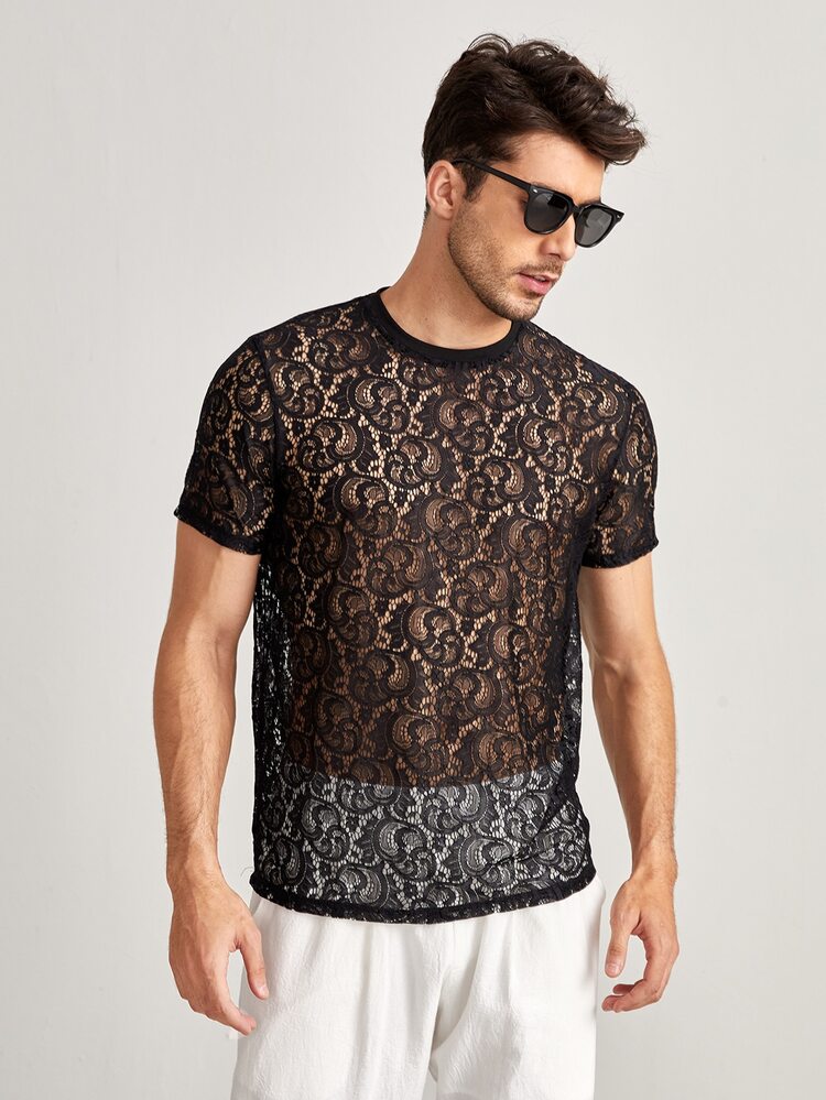 Manfinity Men Solid Sheer Lace Tee - Black - View 5