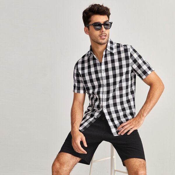 

Men Gingham Button Through Shirt, Black and white