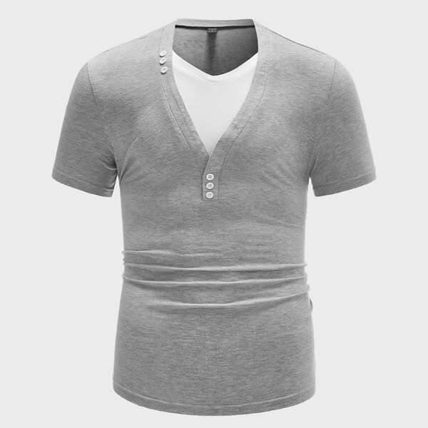 

Men Contrast Panel Button Detail Tee, Light grey