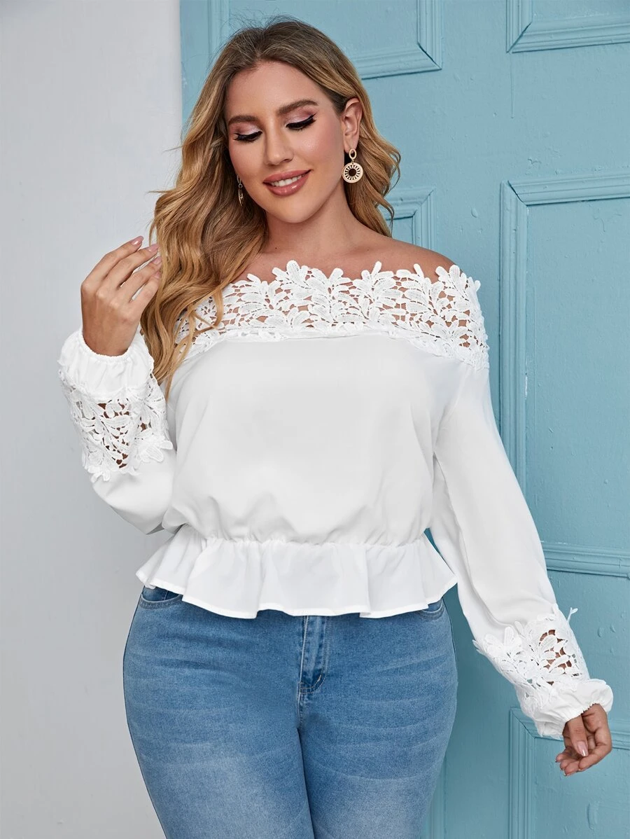 Mulvari Plus Solid Lace Trim Off The Shoulder Ruffle Trim Blouse - White - View 1