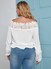 Mulvari Plus Solid Lace Trim Off The Shoulder Ruffle Trim Blouse - White - View 2
