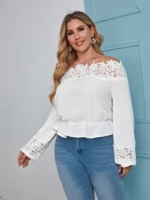Mulvari Plus Solid Lace Trim Off The Shoulder Ruffle Trim Blouse - White - View 5