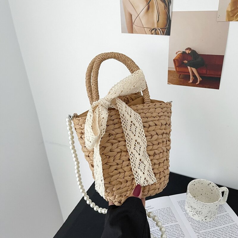 

Bow Decor Double Handle Straw Bag, Khaki