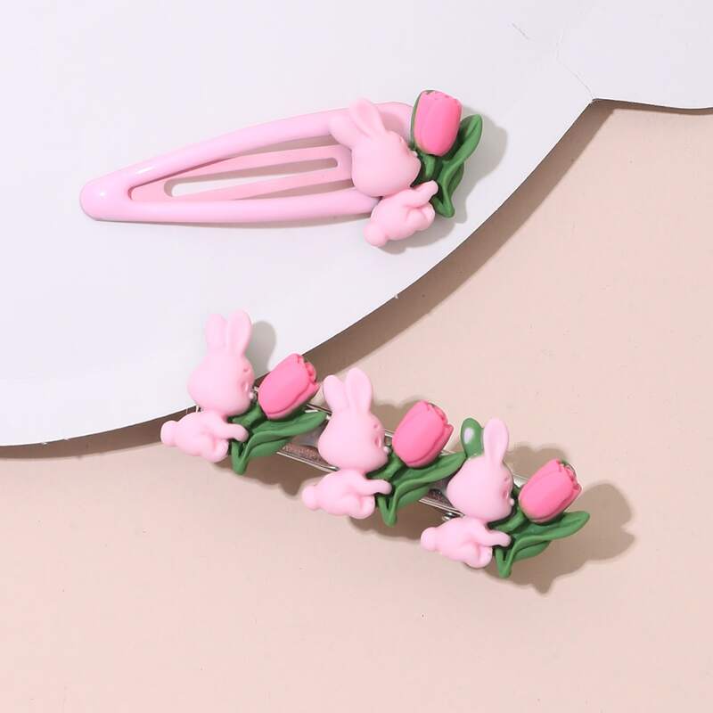 

2pcs Rabbit & Flower Decor Hair Clip, Multicolor