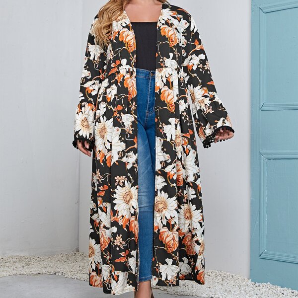 

Plus Allover Floral Print Pom-pom Flounce Sleeve Abaya, Multicolor
