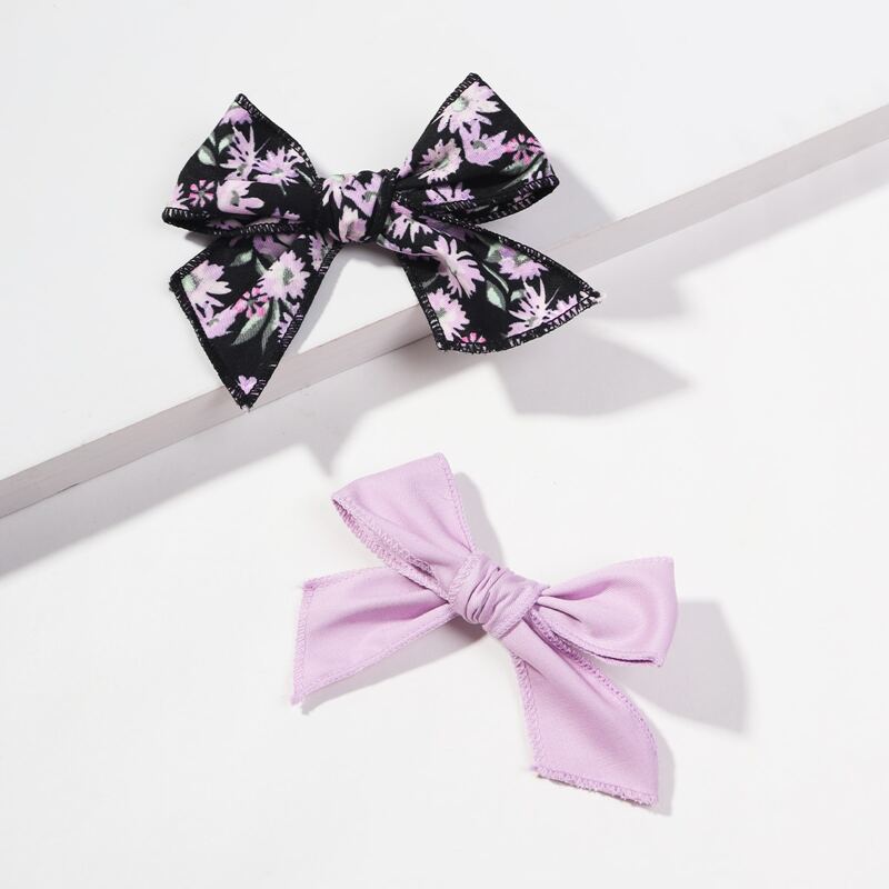 

2pcs Flower Print Bow Decor Hair Clip, Multicolor