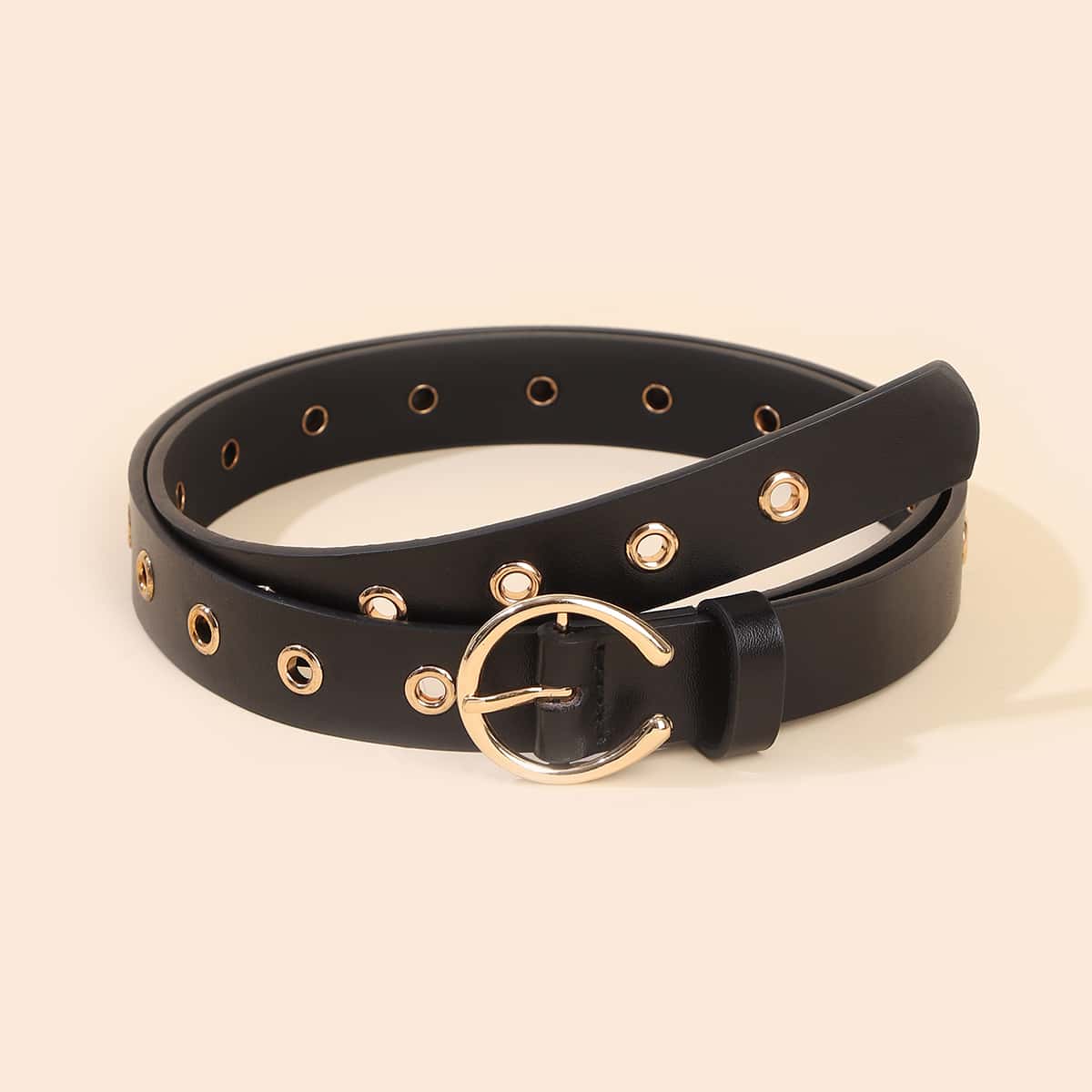 

Eyelet Decor Buckle Belt, Black