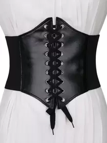 Lace-up Front Corset Belt - Black - View 1