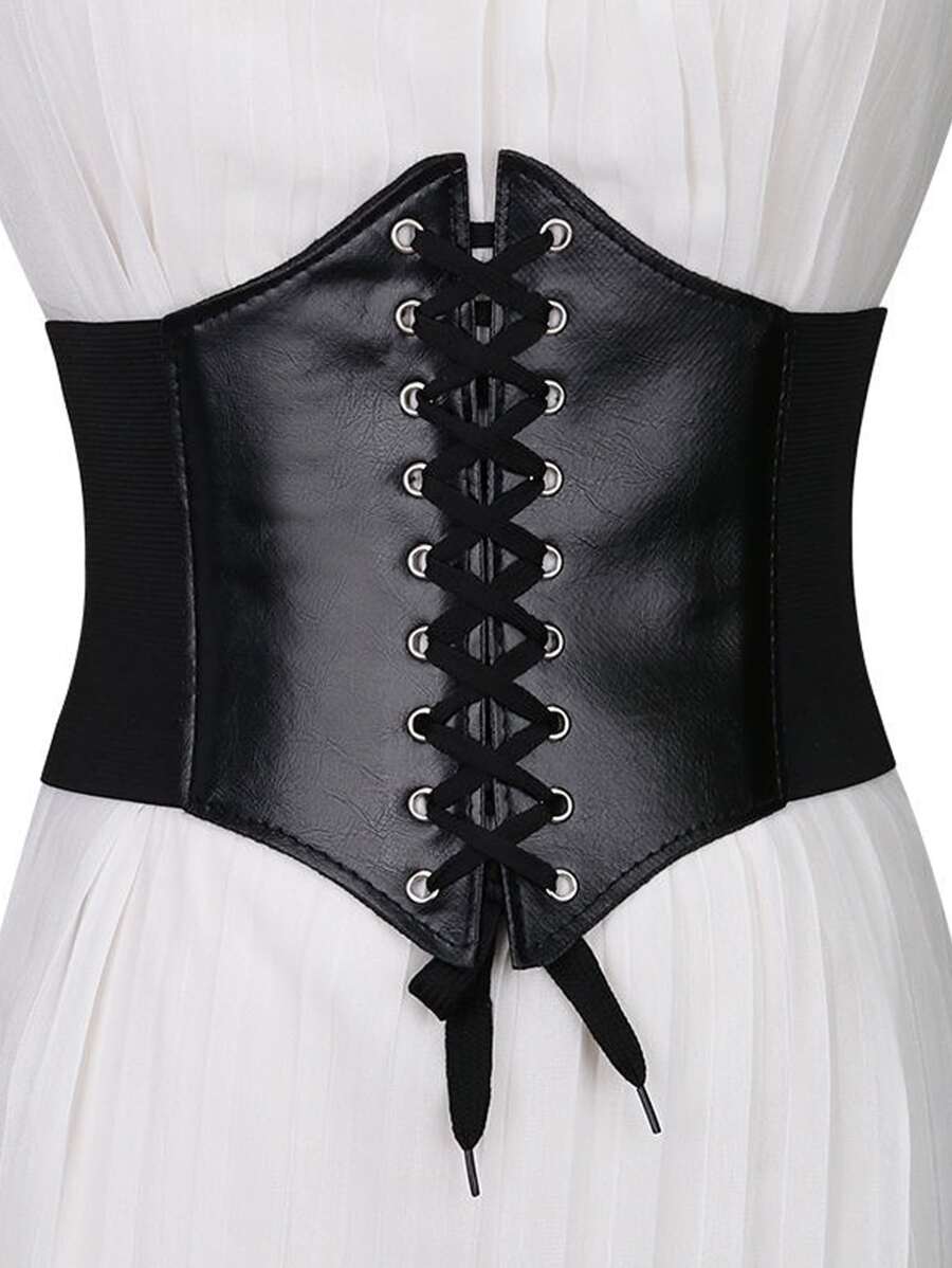 Lace-up Front Corset Belt - Black - View 1