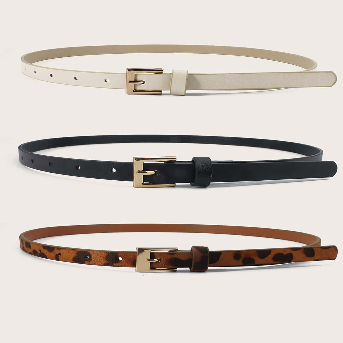 

3pcs Leopard Print Buckle Belt, Black