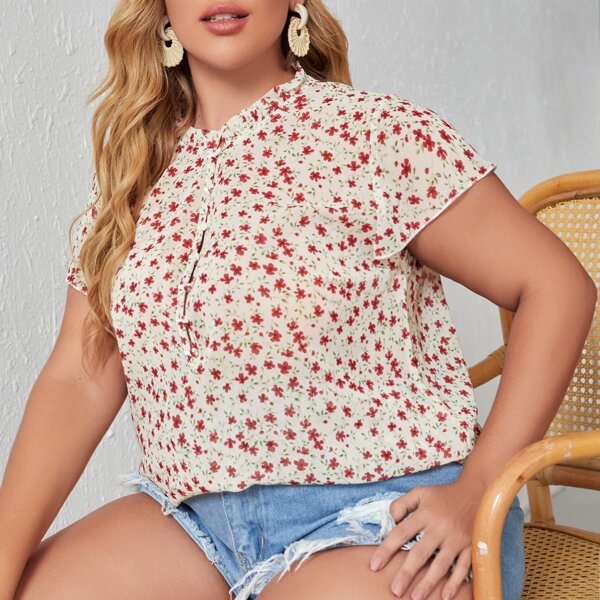 

Plus Ditsy Floral Half Button Blouse, Multicolor