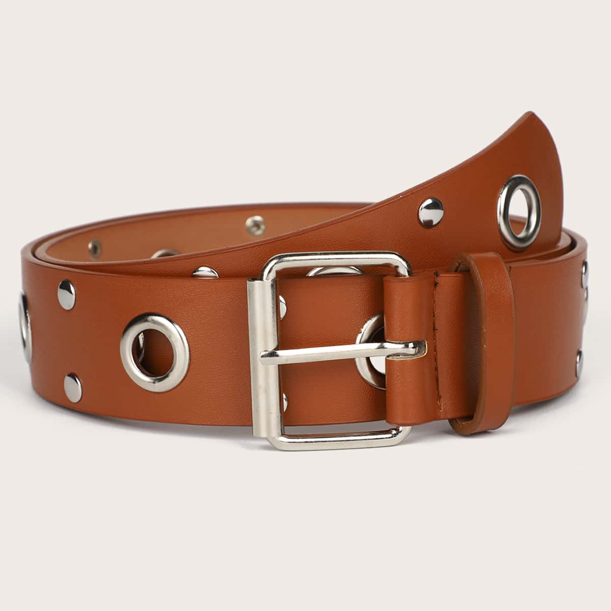 

Eyelet Decor Buckle Belt, Brown
