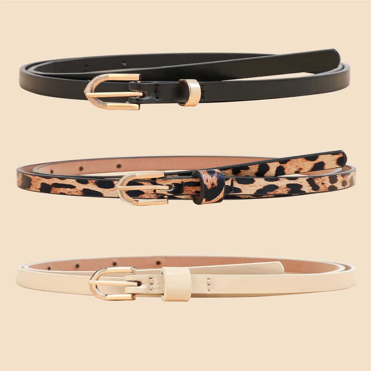 

3pcs Leopard Print Buckle Belt, Black