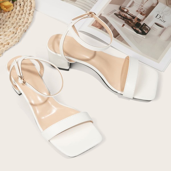 

Minimalist Ankle Strap Chunky Heeled Sandals, White
