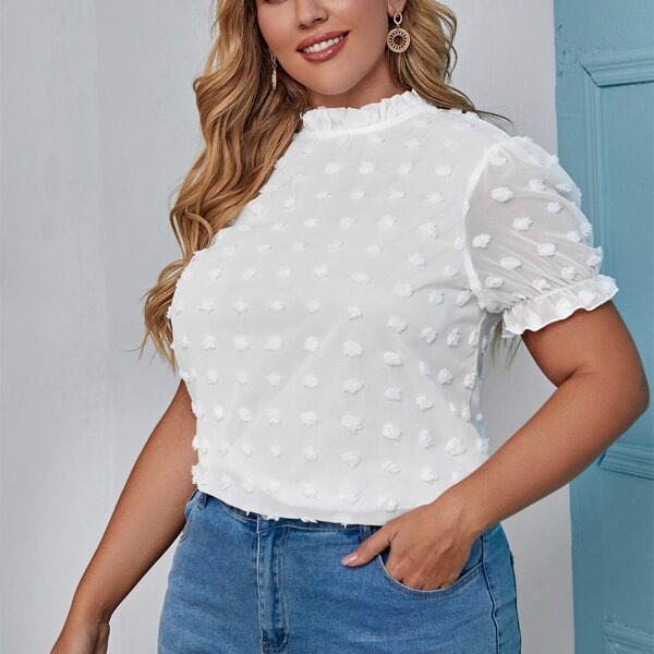 

Plus Swiss Dot Ruffle Neck Blouse, White