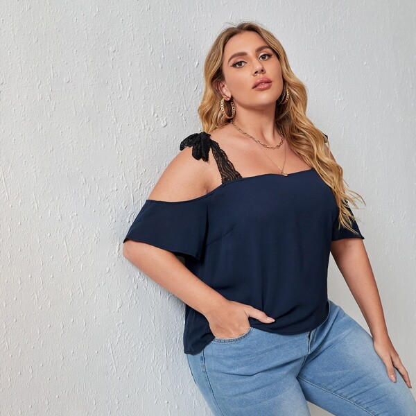 

Plus Solid Lace Strap Cold Shoulder Blouse, Navy blue