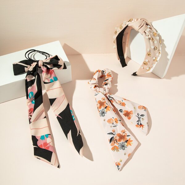 

2pcs Flower Print Scarf Hair Tie & 1pc Headband, Multicolor