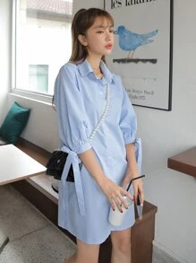 DAZY Knotted Cuff Puff Sleeve Shirt Smock Dress Summer Sundress,Casual Women Dresses,Back To School Clothes - Baby Blue - View 1