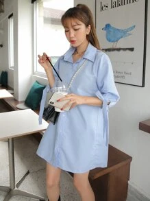 DAZY Knotted Cuff Puff Sleeve Shirt Smock Dress Summer Sundress,Casual Women Dresses,Back To School Clothes - Baby Blue - View 3