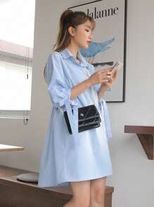 DAZY Knotted Cuff Puff Sleeve Shirt Smock Dress Summer Sundress,Casual Women Dresses,Back To School Clothes - Baby Blue - View 4