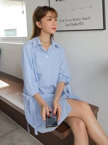 DAZY Knotted Cuff Puff Sleeve Shirt Smock Dress Summer Sundress,Casual Women Dresses,Back To School Clothes - Baby Blue - View 6