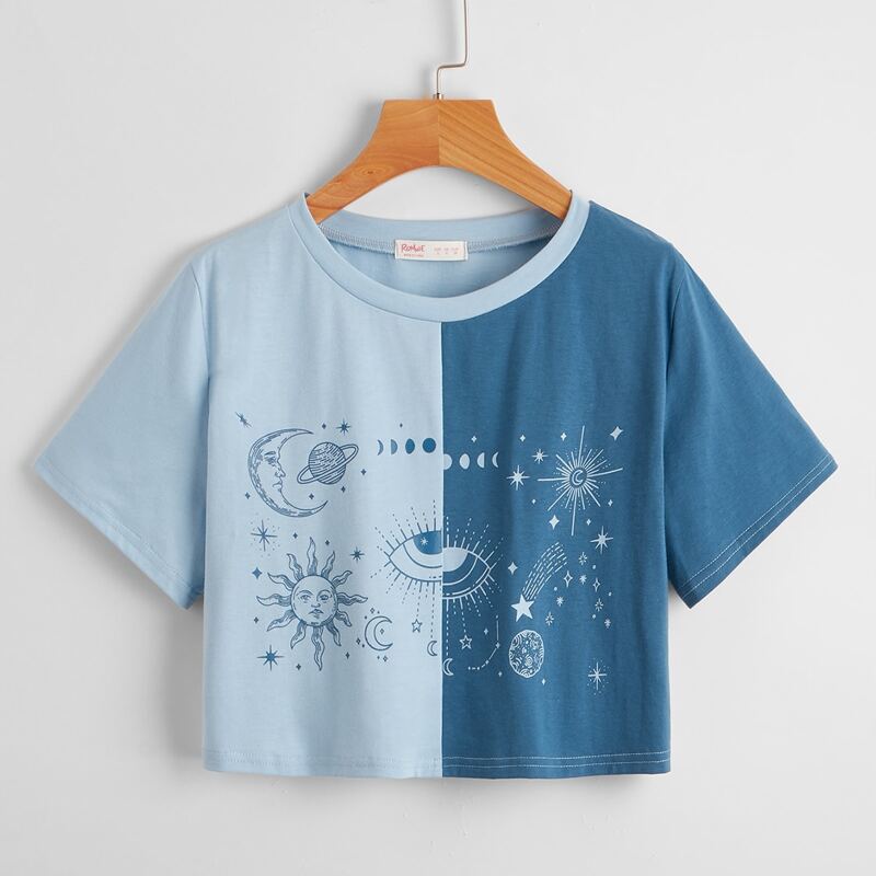 

Two Tone Sun & Moon Graphic Crop Tee, Multicolor