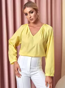 SHEIN Unity V領後綁帶插肩袖襯衫 - 黃色 - 查看 1