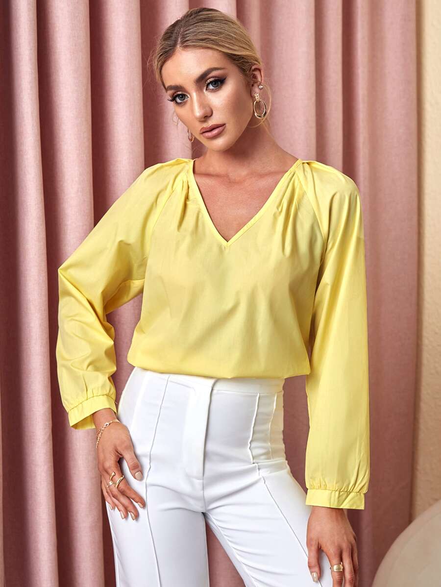 SHEIN Unity V領後綁帶插肩袖襯衫 - 黃色 - 查看 1