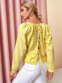 SHEIN Unity V領後綁帶插肩袖襯衫 - 黃色 - 查看 2