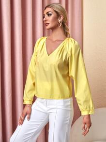 SHEIN Unity V領後綁帶插肩袖襯衫 - 黃色 - 查看 3