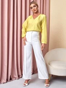 SHEIN Unity V領後綁帶插肩袖襯衫 - 黃色 - 查看 4