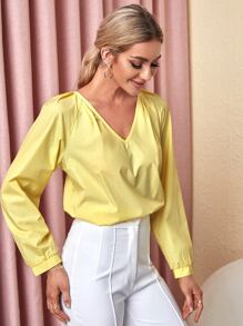 SHEIN Unity V領後綁帶插肩袖襯衫 - 黃色 - 查看 5