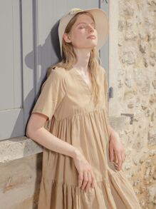 SHEIN Đầm phân lớp màu trơn Giải trí - Màu Khaki - Xem 1