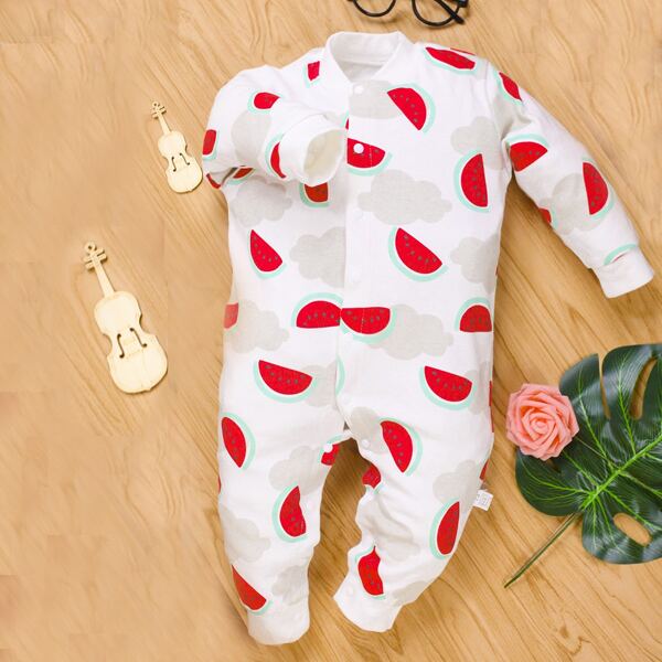 

Baby Girl Watermelon Print Baseball Collar Jumpsuit, Multicolor