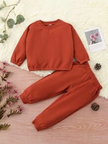 Baby Unisex Solid Batwing Sleeve Sweatshirt With Joggers - Burnt Orange - View 4