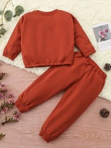 Baby Unisex Solid Batwing Sleeve Sweatshirt With Joggers - Burnt Orange - View 5