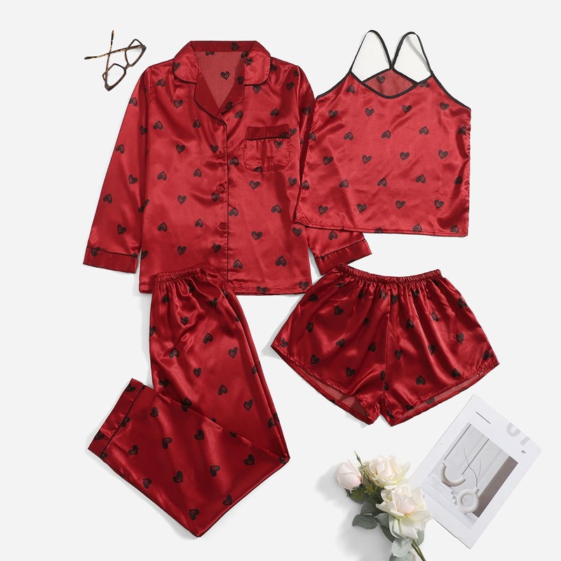 

4pcs Heart Print Satin Night Set, Burgundy